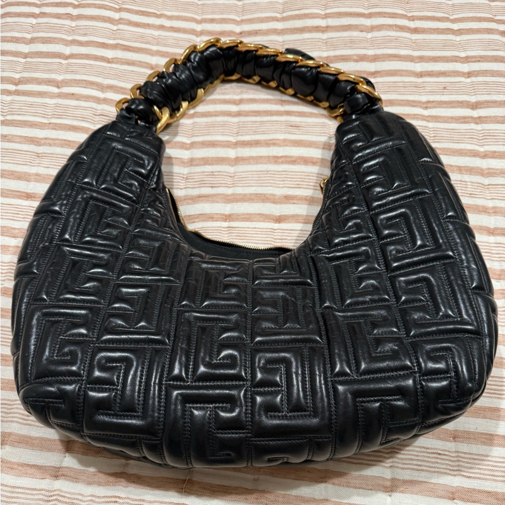 Balmain Black Quilted Hobo Bag with Gold Accents